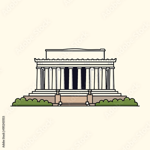 A linear illustration of a grand neoclassical structure with columns and a flat roof, set on a raised platform, with green shrubbery