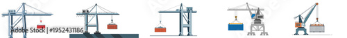 Flat vector illustration of a harbor crane lifting a shipping container, minimal geometric shapes, modern industrial style, simple flat design, white background