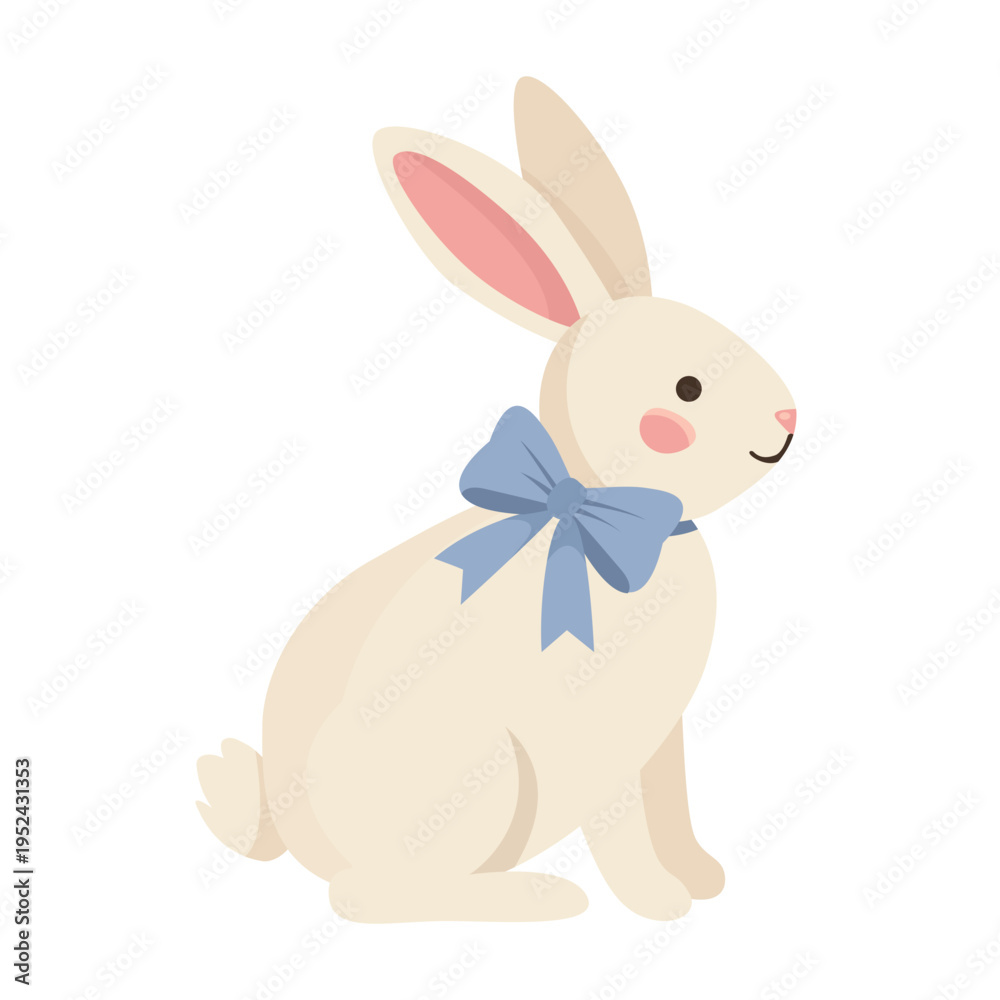 Fototapeta premium Cute white Easter bunny with blue bow. Sitting rabbit vector illustration