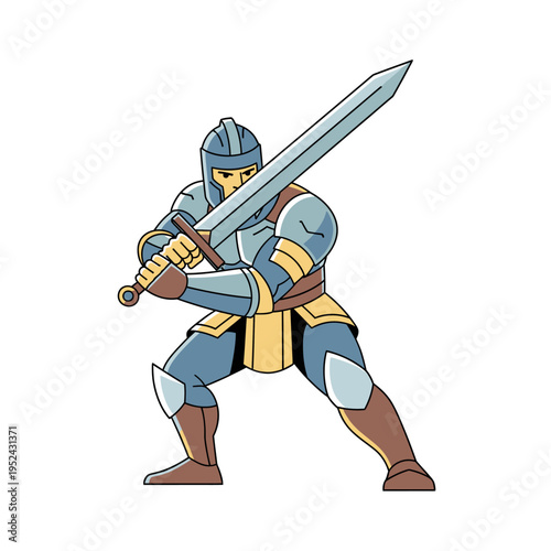 Brave knight warrior in full armor holding a sword, ready for battle, cartoon style