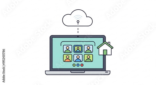 Remote team working from home on laptop with cloud computing and video conferencing