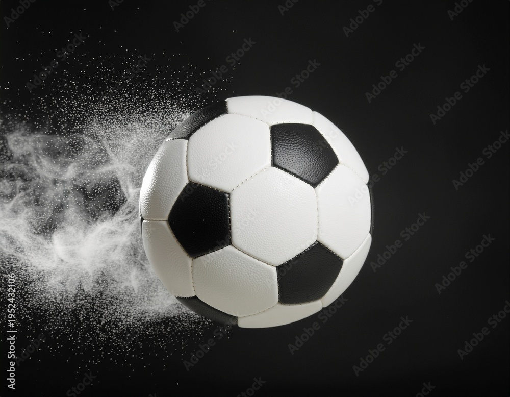 Naklejka premium Dust Trail Ball. Soccer/Football. Studio Action-Inspired Product Photography. Cinematic Sports Motion. A football gliding forward leaving a dust trail, set in a dark studio with smooth gradient 