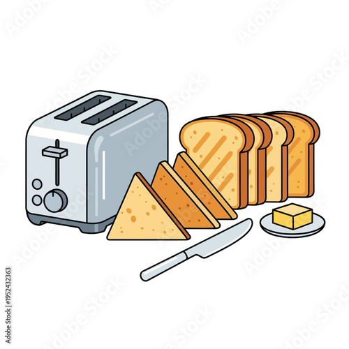 Breakfast Toast Making: Toaster, Sliced Bread, Knife and Butter