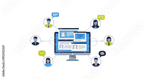 People interacting with a computer online communication and teamwork concept with chat bubbles