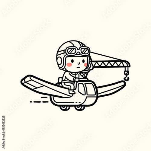 A cartoon pilot in a helmet, with goggles, operates a crane attached to a plane in mid-flight against a light background
