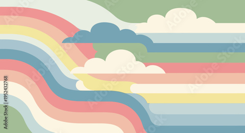 Abstract Rainbow Waves and Clouds Background, Retro Style