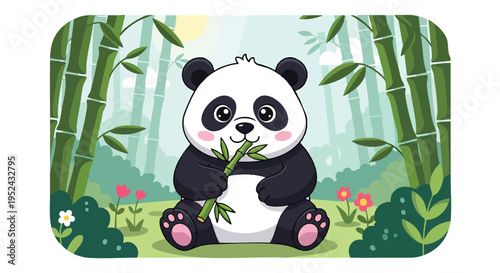 A cute cartoon animal sits peacefully in a bamboo forest, munching on a green stalk. Flowers and sunlight complete the scene