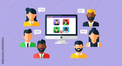 Remote team members communicate through video conference on computer screen with diverse group of people