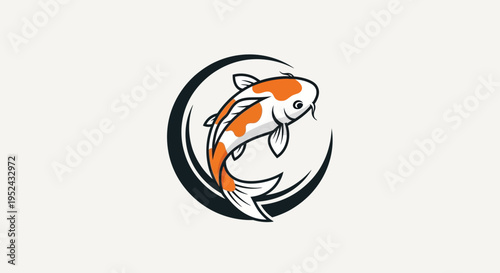 Koi Fish Swimming in Circle Emblem, Japanese Carp Symbol, Aquatic Animal Logo