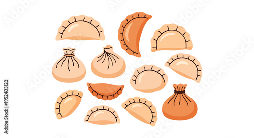 A collection of various cartoon dumplings and buns in different shapes and colors on a white background.  Stylized illustrations for food