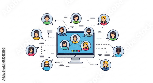 People communicating online through a computer social media connections chatting and teamwork concept with multiple users