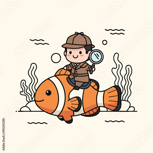 A cartoon depiction of a detective riding a fish through the water, with seaweed, bubbles, and wave details. The detective uses a magnifying glass