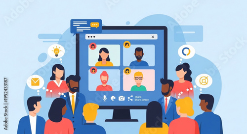 Remote team meeting on a large computer screen with diverse people around online collaboration and communication concept