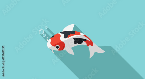 Vibrant Koi Fish Swimming in Blue Water with Bubbles - Flat Design Illustration