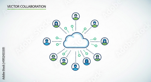 Cloud computing network with connected people icons for teamwork and collaboration online