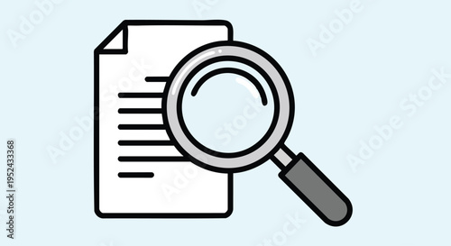 Illustration depicts a document with lines, and a magnifying glass next to it, set against a light-blue background