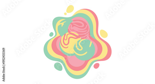 A colorful, abstract design featuring layered organic shapes and flowing lines, with a central swirl of pink. Composed of pastels