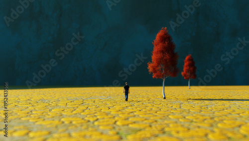 Lone Man Walking Through Surreal Minimalist Landscape with Red Trees on Cracked Yellow Ground under Dark Sky
