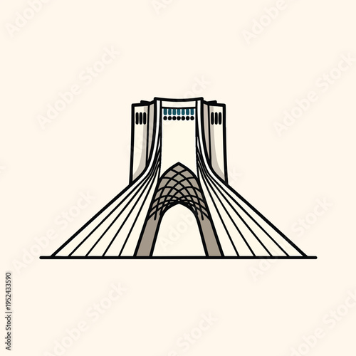 A stylized illustration of a modern architectural structure with a central arched opening, supported by angled, linear cables. The structure has a tall, rectangular top