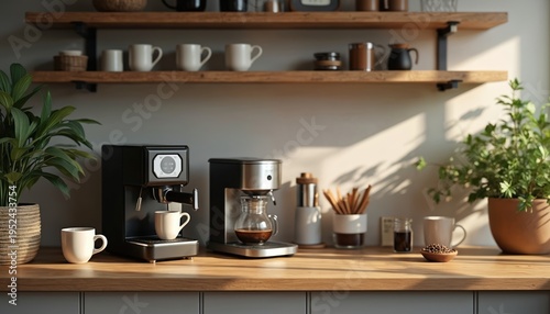 Modern kitchen counter features espresso machine drip coffee maker and cups. Coffee station setup with beans grinder and plants provides morning beverage prep.