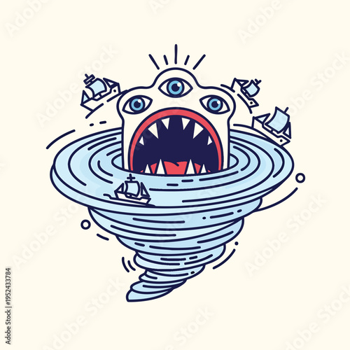 A cartoon depiction of a storm with a monster rising from the center, eyes staring from a face with teeth. Ships float by