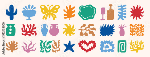 abstract matisse organic shapes set. leaf, plants, cactus, vase collage style. Contemporary aesthetic colorful element collection