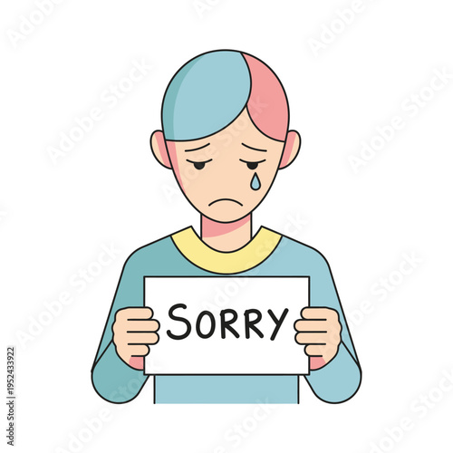 Sad Person Holding 'Sorry' Sign with Tear Drop, Expressing Regret