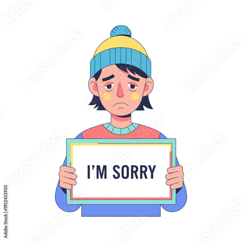 Sad Person Holding "I'm Sorry" Sign, Apology Illustration