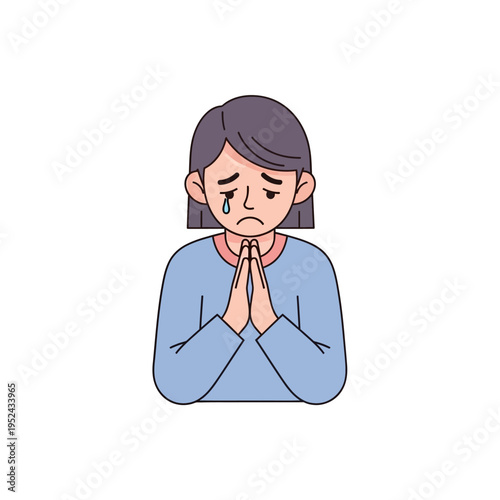 Sad woman crying with hands clasped in prayer, begging for help, isolated on white