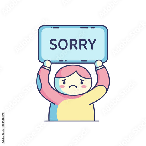 Sad Character Holding 'SORRY' Sign, Apology, Regret, Feeling Sorry, Vector Illustration