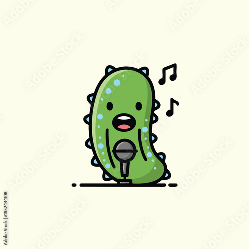 A cartoon creature with an open mouth singing into a microphone, accompanied by musical notes. It is green with blue spots