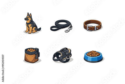 Cartoon set of dog and pet accessories including sitting shepherd, leash, collar, food bag, harness, and bowl of kibble on white background