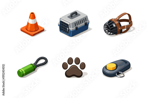 Set of pet training and safety icons including traffic cone, animal carrier, dog muzzle, flashlight, paw print, and remote clicker on white background