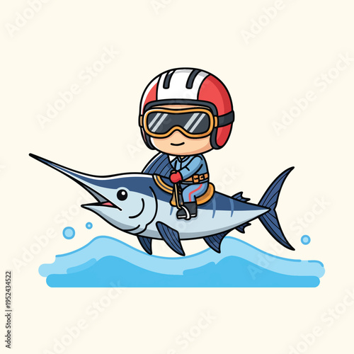 A cartoon figure, wearing a helmet, goggles, and riding a large fish through waves. The fish is bluish-grey with fins and a long snout