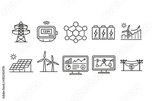 Minimal line icons illustrating smart grid energy system with power transmission, meter, network connectivity, batteries, solar panels, wind turbines, and analytics