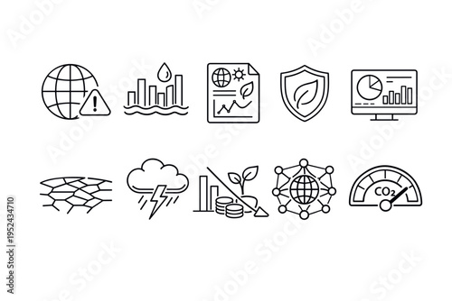 Minimal line icon set illustrating climate change metrics, emissions monitoring, renewable energy reporting, environmental protection, and sustainability data
