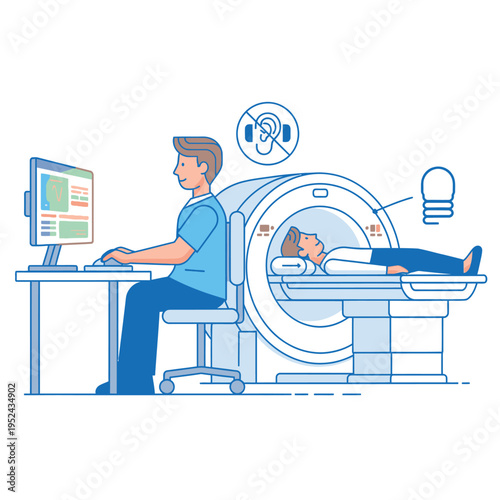 Medical professional operating MRI scanner with patient inside.