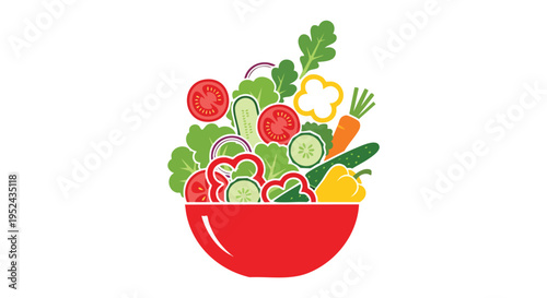 A vibrant, flat-style illustration depicting a red bowl overflowing with colorful vegetables. The composition includes tomatoes, cucumber, peppers, and more