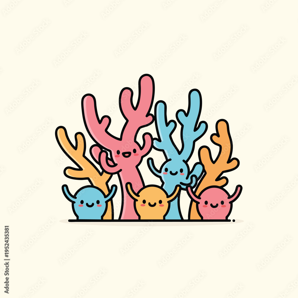 Fototapeta premium A whimsical illustration depicts a smiling group of stylized plant-like creatures in various colors, with round faces and arms raised
