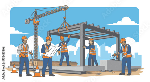 Construction workers assembling steel structure with crane.