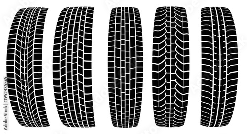Set of Five Different Tire Treads on White Background