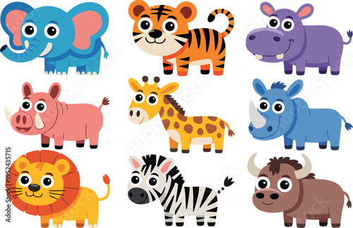 A vibrant collection of nine distinct cartoon animal illustrations, featuring beloved safari and jungle creatures in a playful and colorful style, perfect for educational and decorative purposes