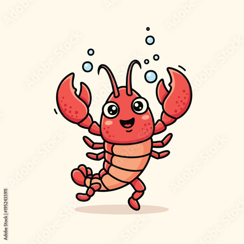 A cartoon lobster with big eyes and a smile is drawn with bright colors and bubbles. It appears to be walking, looking joyful