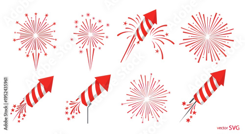 Red Firework Explosions and Rockets Collection, Festive Celebration Vector Elements