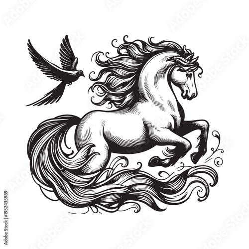 A horse and bird in a dynamic illustration