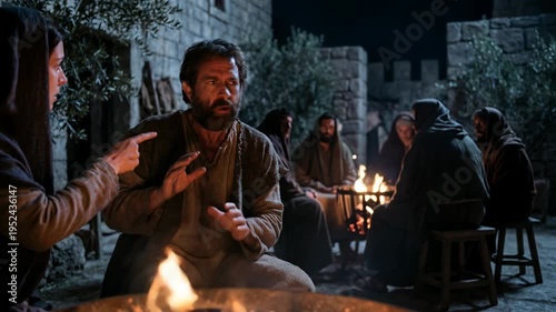 Woman confronts man deny Christ by campfire. Peters denial in ancient setting with a group around fire at night.