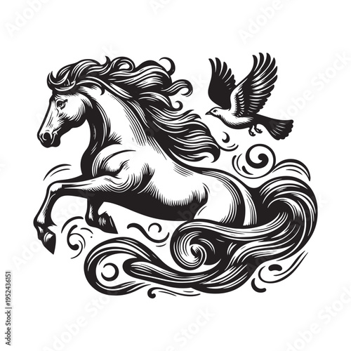 A black and white drawing of a horse and a bird
