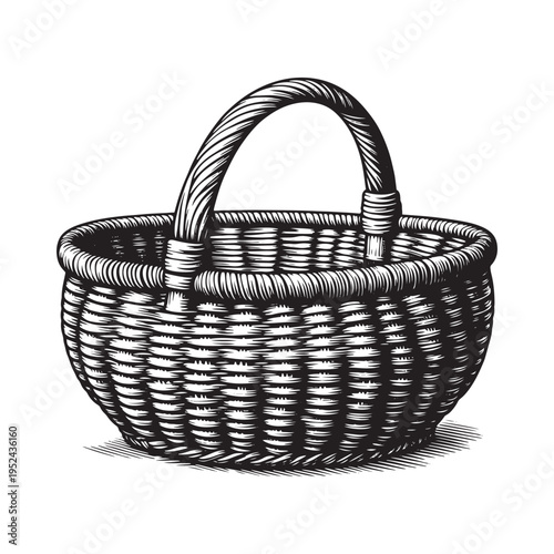 A black and white image of a wicker basket