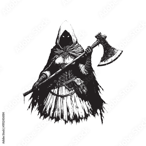 A hooded figure holding an axe and a spear