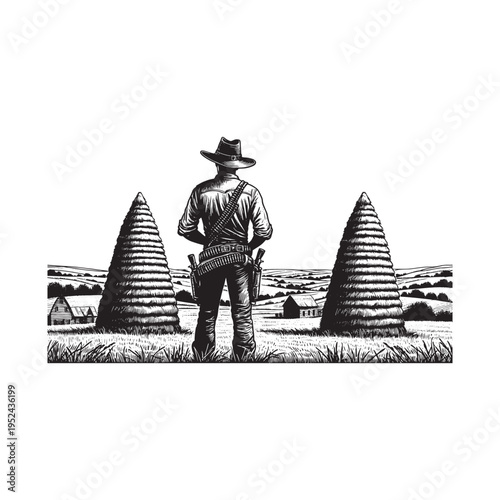 A cowboy stands in a field with haystacks